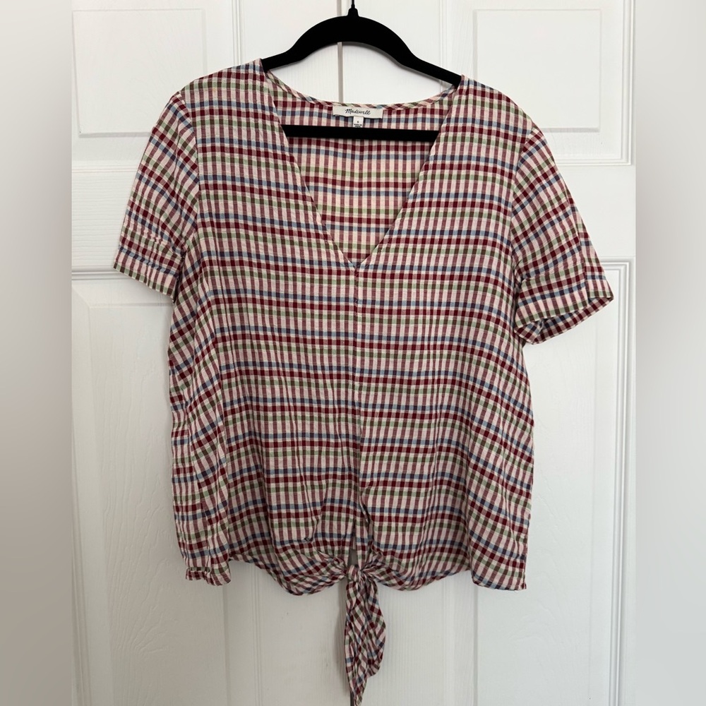 Madewell classic tie front blouse. Small check print.